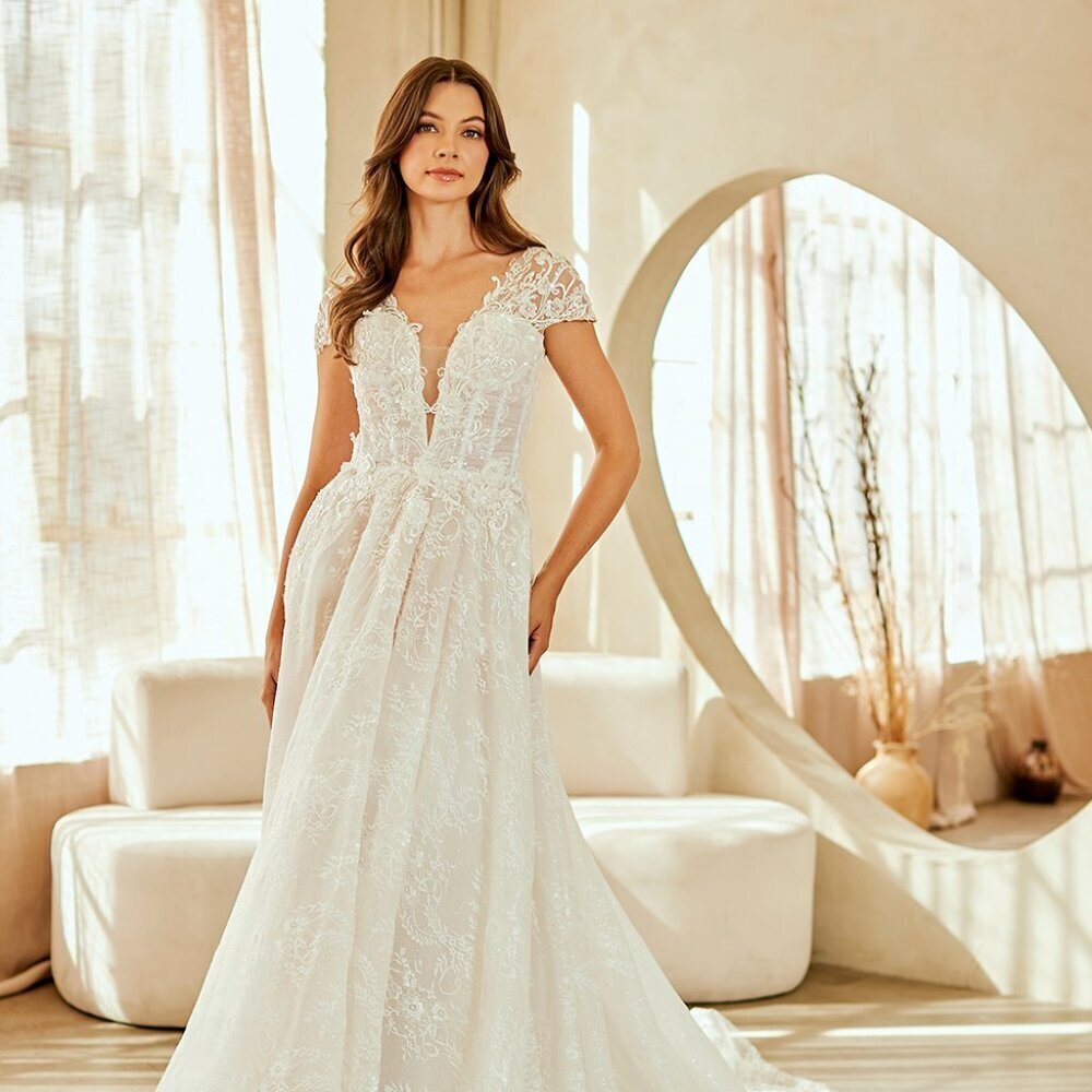 New Maxi Wedding Ball Gown w/ Cape Sleeves & Illusion Plunging Neck AC 2142